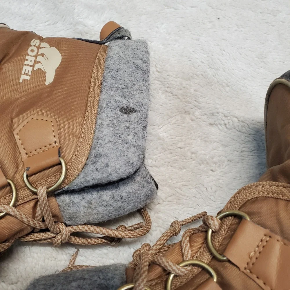 Sorel Explorer Carnival Tan Gray Fuzzy Waterproof Boots‎ Women 7.5 Cozy Winter